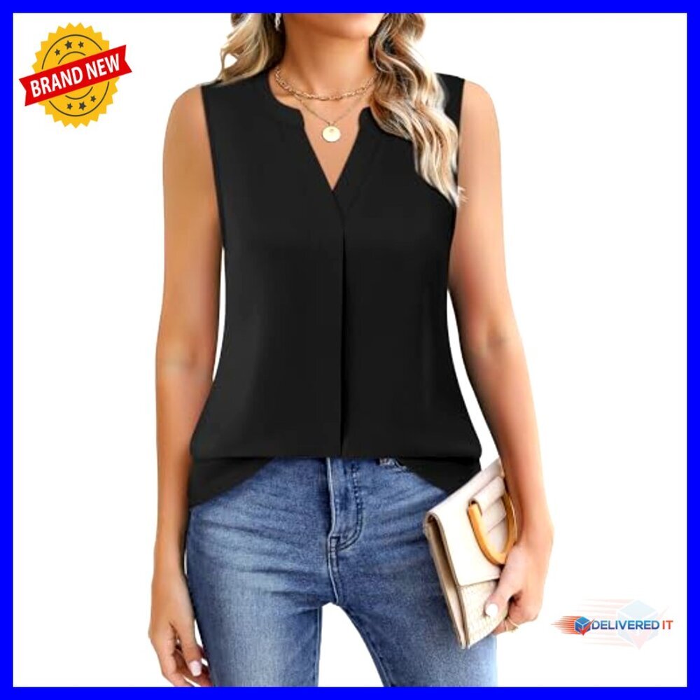 Chiffon V Neck Sleeveless Blouse Elegant Office Work Shirt Chic Minimal - Picture 2 of 7